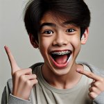 young boy with braces pointing his finger