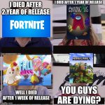 Meme | I DIED AFTER 1 YEAR OF RELEASE; I DIED AFTER 2 YEAR OF RELEASE; YOU GUYS ARE DYING? WELL I DIED AFTER 1 WEEK OF RELEASE | image tagged in you guys are getting paid template | made w/ Imgflip meme maker