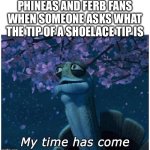 A-G-L-E-T so true | PHINEAS AND FERB FANS WHEN SOMEONE ASKS WHAT THE TIP OF A SHOELACE TIP IS | image tagged in master oogway my time has come,phineas and ferb | made w/ Imgflip meme maker