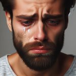 sad bearded man crying about his nonfunctional penis