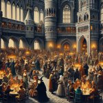 Tons of people in a castle, medieval, magic