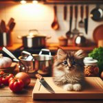 cute kitten sitting on a clustered kitchen counter