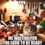 help me | POV:; ME WAITING FOR THE FOOD TO BE READY | image tagged in cute kitten sitting on a clustered kitchen counter | made w/ Imgflip meme maker