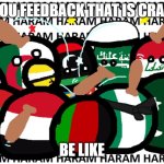 feedback | YOU FEEDBACK THAT IS CRAP; BE LIKE | image tagged in countryballs haram | made w/ Imgflip meme maker