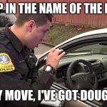 police officer | STOP IN THE NAME OF THE LAW! NOBODY MOVE, I'VE GOT DOUGHNUTS! | image tagged in police officer | made w/ Imgflip meme maker