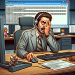 IT helpdesk worker facepalming to idiot ticket response