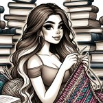 Pretty girl with long brown hair surrounded by piles of books an