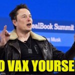 Go Vax Yourself | GO VAX YOURSELF | image tagged in elon musk go f yourself,go vax yourself,elon musk | made w/ Imgflip meme maker