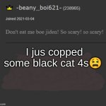 beany | I jus copped some black cat 4s😫 | image tagged in beany | made w/ Imgflip meme maker