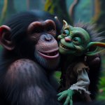 A chimpanzee kissing a goblin