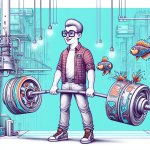 a nerd lifting some weights with fishes on the end
