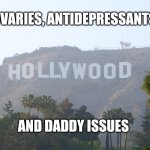 In a nutshell | OVARIES, ANTIDEPRESSANTS; AND DADDY ISSUES | image tagged in hollywood sign | made w/ Imgflip meme maker