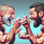 two muscular caucasian men eating hand cream, gives each other h
