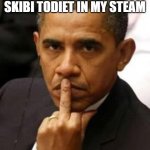 i think they back | SHIT GUYS SOMONE THIS TRY TO FU*KING POST SKIBI TODIET IN MY STEAM; I BAN THEM | image tagged in obama middle finger | made w/ Imgflip meme maker