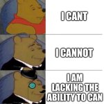 For those 1000 word papers | I CANT; I CANNOT; I AM LACKING THE ABILITY TO CAN | image tagged in tuxedo winnie the pooh 3 panel | made w/ Imgflip meme maker