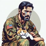 a war hero crying as a cat sits on his lap