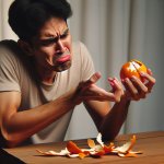 a dissapoiinted man peeling a dry orange