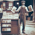 man at a newsstand trying to peddle newspapers