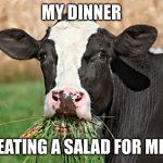 No salad for me | MY DINNER; EATING A SALAD FOR ME | image tagged in cow eat grass | made w/ Imgflip meme maker