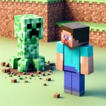 minecraft steve with a creeper about to blow up behind him