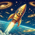 a Bitcoin Rocket with universe background