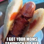 I got your moms sandwich for her | I GOT YOUR MOMS SANDWICH FOR HER | image tagged in hotdog,fun,sandwich,sausage,moms,dick | made w/ Imgflip meme maker