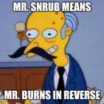 Mr. BurnsnruB | MR. SNRUB MEANS; MR. BURNS IN REVERSE | image tagged in mr snrub,mr burns,the simpsons,simpsons | made w/ Imgflip meme maker