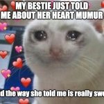 Made me very concerned, she is ok though | MY BESTIE JUST TOLD ME ABOUT HER HEART MUMUR; and the way she told me is really sweet | image tagged in crying cat with hearts,sweet | made w/ Imgflip meme maker