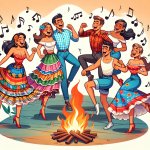 10 dancing people singing about burning stuff