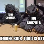 this is facts | TOHO GODZILLA; MV GODZILLA; REMEMBER KIDS, TOHO IS BETTER | image tagged in godzilla | made w/ Imgflip meme maker