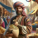 A picture of a medieval merchant holding a sack of coins with a