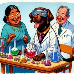 A chocolate Labrador wearing a lab coat sitting at a table playi