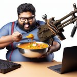 fat and obese indian man, eating large amounts of curry, holding