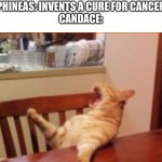 Mooommmmm!! | PHINEAS: INVENTS A CURE FOR CANCER
CANDACE: | image tagged in mooommmmm,cat | made w/ Imgflip meme maker