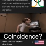Is this actually a coincidence though? | I think; Coincidence? Not! | image tagged in gifs,memes,olympics,2024,elections | made w/ Imgflip video-to-gif maker
