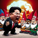 very angry Kim Jong Un wearing a gnome costume yelling at three