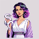 A woman with purple hair, greek clothes and a white snake judgin