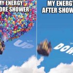 Why does it do this | MY ENERGY BEFORE SHOWER; MY ENERGY AFTER SHOWER | image tagged in up and down | made w/ Imgflip meme maker