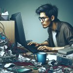 computer nerd in front of a computer screen on a cluttered desk