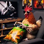 Chicken with sunglasses playing call of duty with chicken flavor