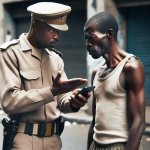 an african cop wearing beige uniform forcing a poor african man