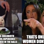 reverse cat at dinner table | THATS ONLY BECAUSE WOMEN DONT HAVE BALLS; ANYONE WHO SAYS CHILDBIRTH IS THE MOST PAINFUL EXPERIENCE HAS NEVER BEEN KICKED IN THE BALLS | image tagged in reverse cat at dinner table | made w/ Imgflip meme maker