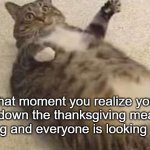 fat-cat/din din | that moment you realize you gobbled down the thanksgiving meal without praying and everyone is looking at you | image tagged in cat,fat,thanksgiving dinner,prayer | made w/ Imgflip meme maker