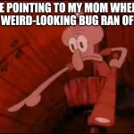 If I don't know what it is, I'm scared | ME POINTING TO MY MOM WHERE THE WEIRD-LOOKING BUG RAN OFF TO | image tagged in squidward pointing | made w/ Imgflip meme maker