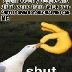 All bad and no brains | Spam bot:only people who didn't come from tiktok can-; ANOTHER SPAM BOT:ONLY REAL FANS CAN-; ME: | image tagged in shut,spammers,youtube | made w/ Imgflip meme maker