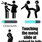 so true | Touching the metal slide at school in july | image tagged in levels of pain fixed version | made w/ Imgflip meme maker