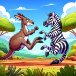 a kangaroo fighting a zebra