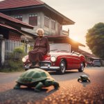 grandmother sits ona car because of a turtle