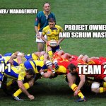 SCRUM for IT | BUSINESS OWNER/ MANAGEMENT; PROJECT OWNER AND SCRUM MASTER; TEAM 1; TEAM 2 | image tagged in scrum,work,it | made w/ Imgflip meme maker