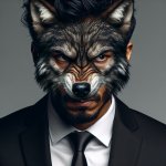 Man with a timberwolf head in a black business suit looking angr